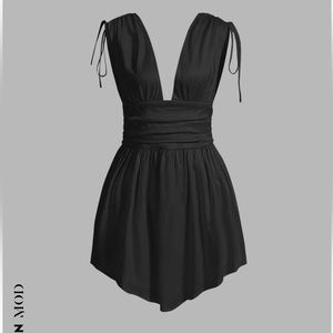 SHEIN MOD Solid Deep V Neck Knotted Shoulder Ruched Satin Black Dress Size M